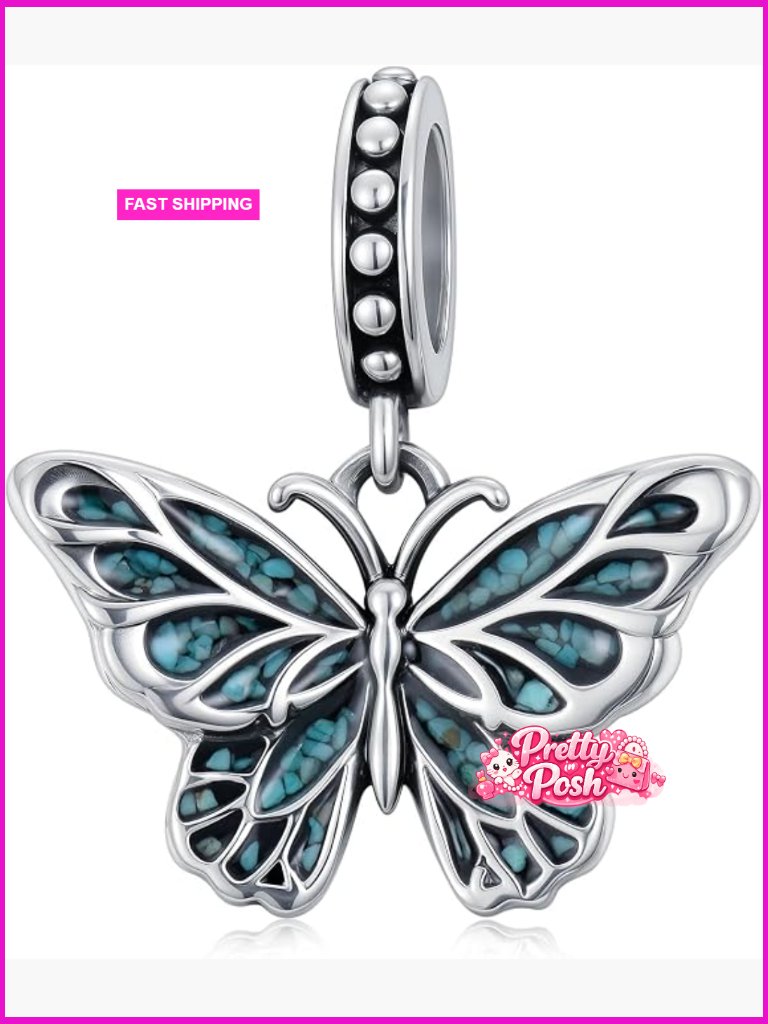Sterling Silver Butterfly Charm Bead With Turquoise For Bracelet Dangle Charm